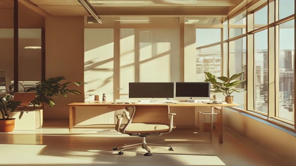 A bright modern workspace with ergonomic desk setup and natural light from windows